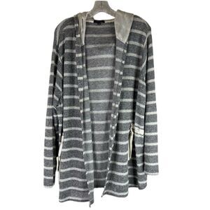 Verve Ami Cardigan Women’s Gray White Stripes Open Knit Tie Front Long Sleeve 2X